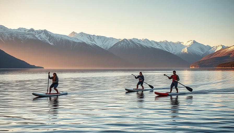 Scenic paddleboarding on Swiss lake at sunset with mountain views.