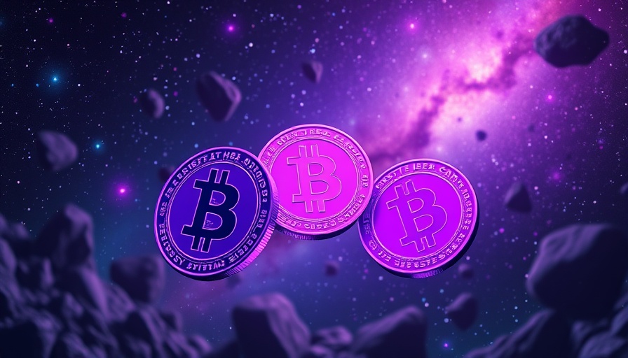 Cryptocurrency coins floating in cosmic space.
