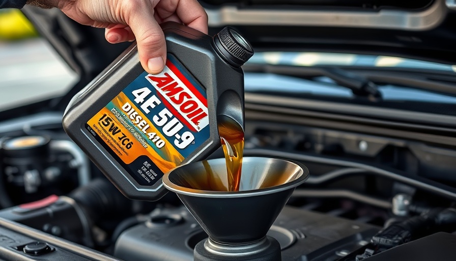 Amsoil fluid change for Duramax engine, diesel oil being poured.