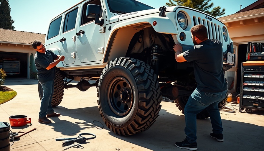 Jeep axle upgrade in progress by two mechanics outdoors.