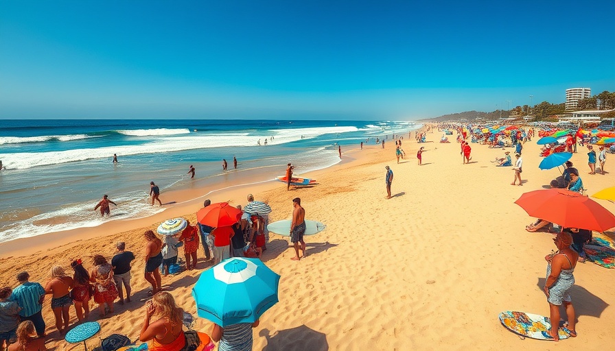Crowded beach at Quiksilver Festival France with surfers riding waves.