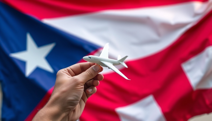 Model airplane in front of Puerto Rican flag, Puerto Rico Airports 2025.