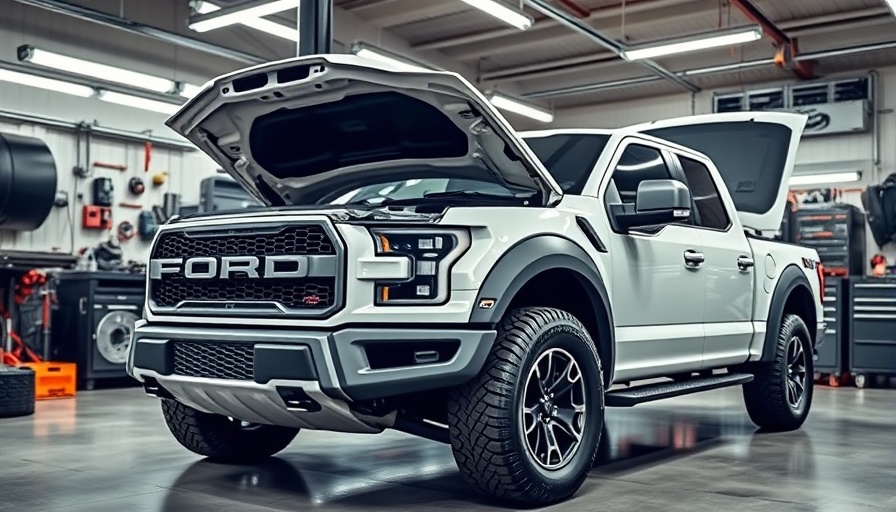 White Ford Raptor R in a tuning workshop with hood open for Raptor R tuning.