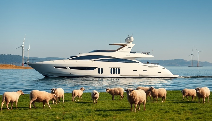 Heesen Yacht in serene landscape with sheep and wind turbines.