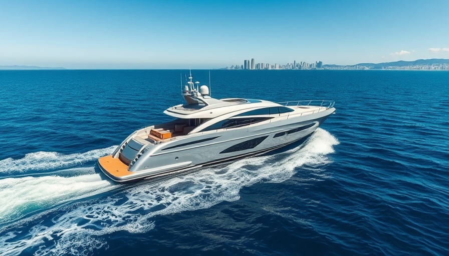 Ferretti 750 for sale cruising on blue ocean with city skyline.