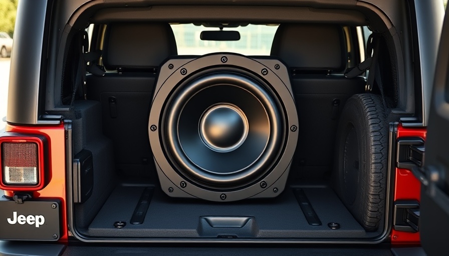 Black removable subwoofer on Jeep Wrangler tailgate.
