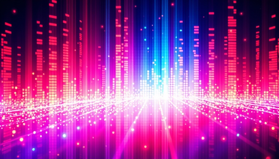 Pixelated spectrogram pattern, vibrant colors, abstract electronic style.