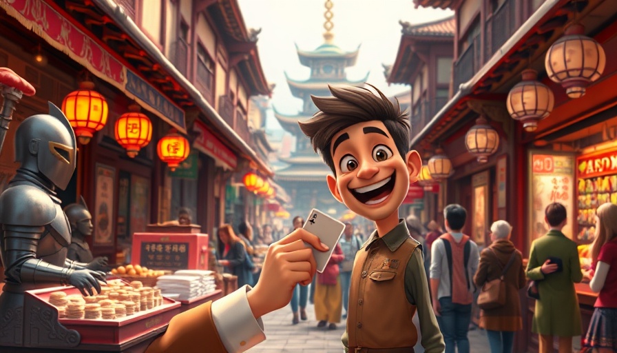 Animated marketplace scene with AI technology elements