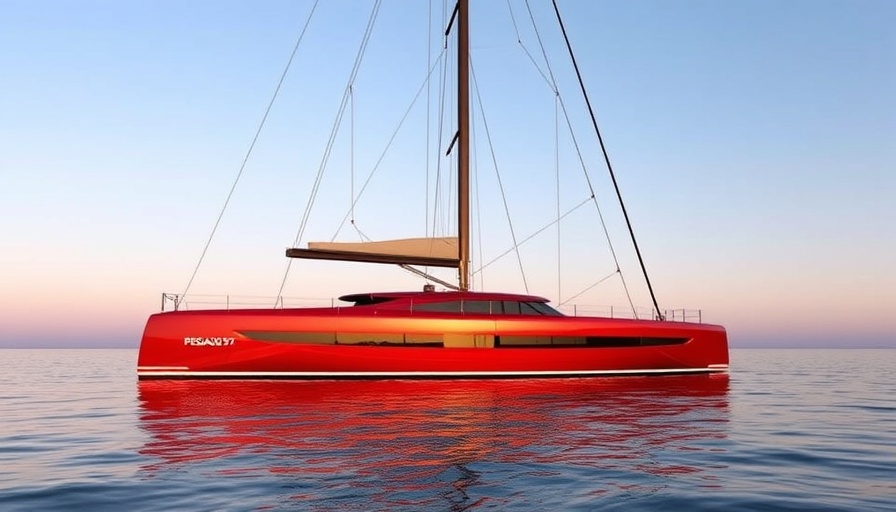 Modern Pegasus 67 yacht sailing at sunset on calm waters.