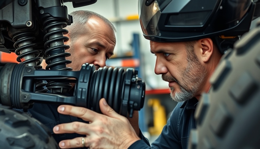 Modern truck suspension system being inspected in a garage.