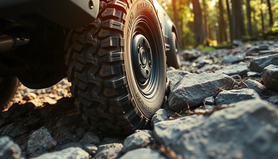 Close-up of Kumho Road Venture RT tire on rocky terrain in forest.