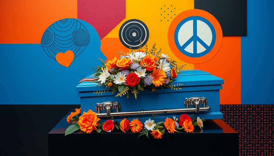 Conceptual funeral collage of a blue casket and abstract shapes.