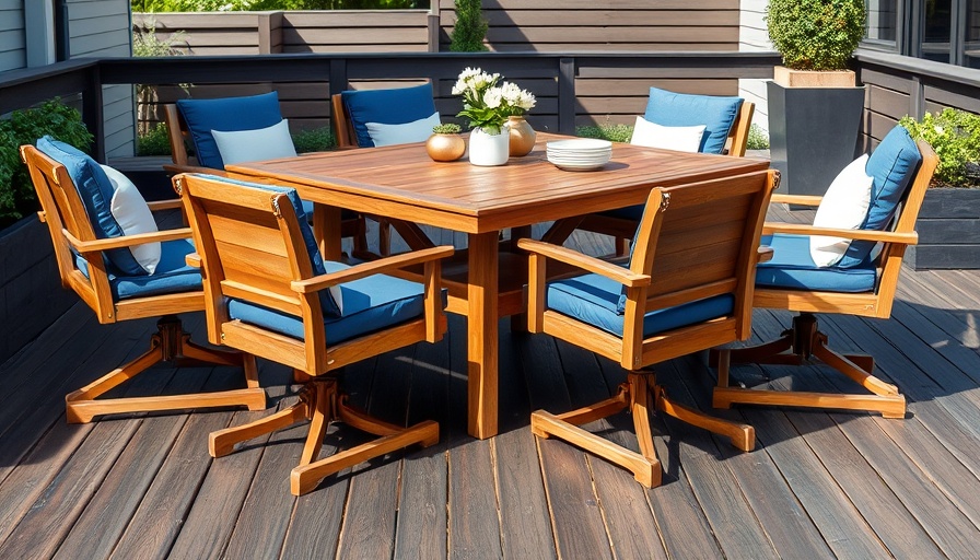 Exteta x Riva Collection elegant outdoor furniture on wood deck.