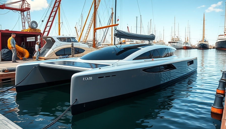 Sleek modern E-Cat 80 solar electric catamaran docked in shipyard