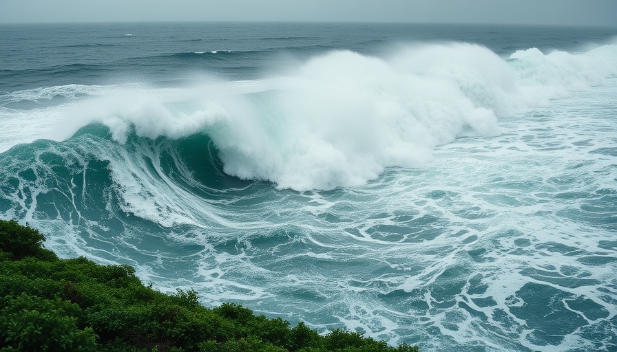 Tsunami waves crashing on green coast in Russia