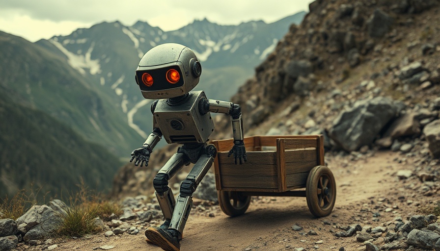 Illustration of a robot facing challenges pulling a cart, symbolizing AI rollout issues.