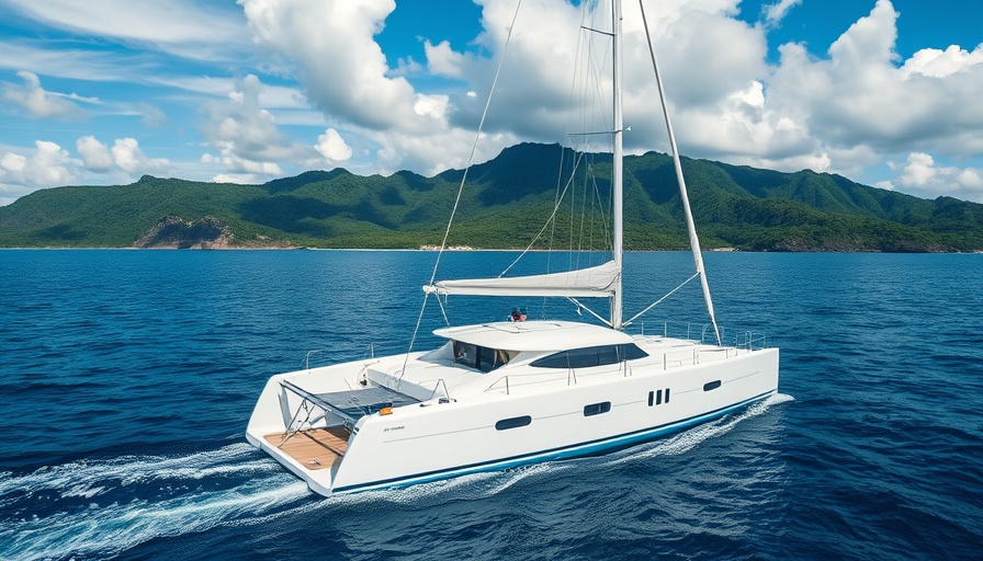 Sleek catamaran sailing near a tropical island, exploring the world.
