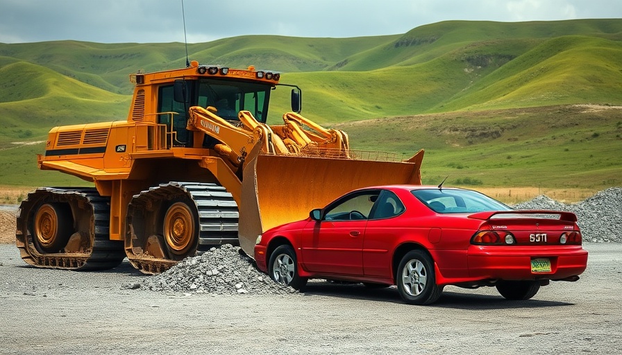 WhistlinDiesel Killdozer crushing a car in vibrant daylight.