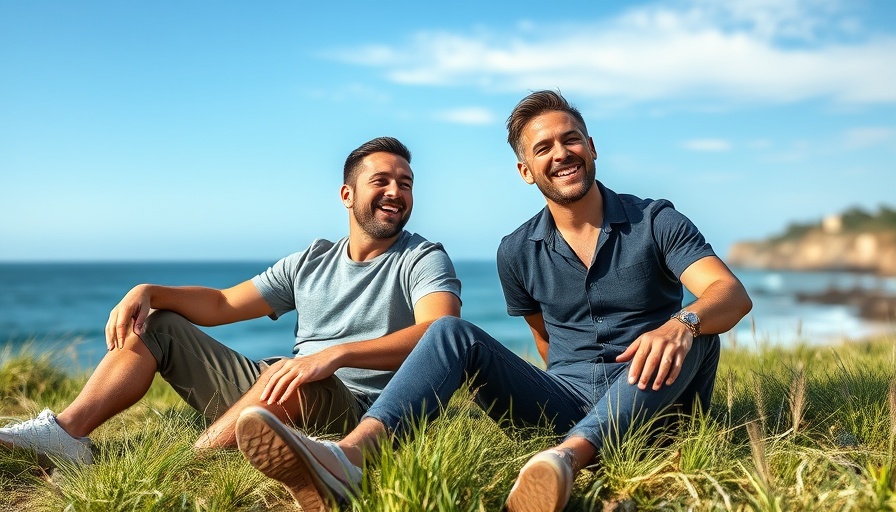 Two men laughing outdoors promoting Surfing Shark Attacks Awareness.