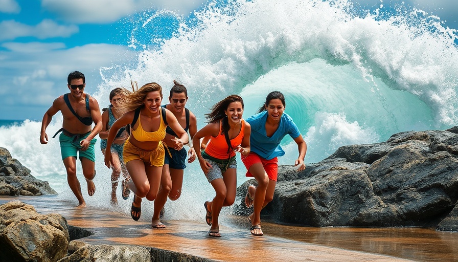 Tourists escaping a massive wave on Bali's rocky coast, highlighting wave danger.