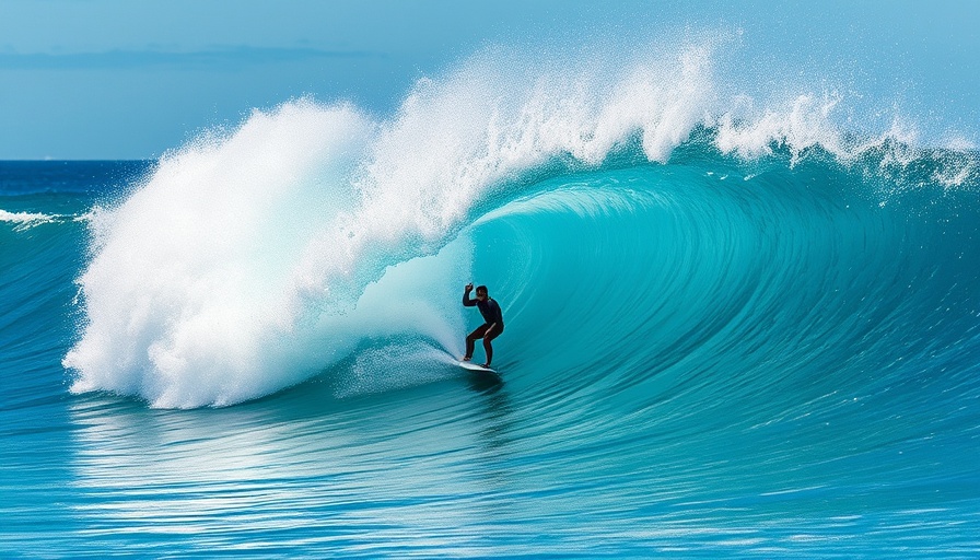 Dynamic surfer performing on a powerful wave with Power Pocket surfing gear.