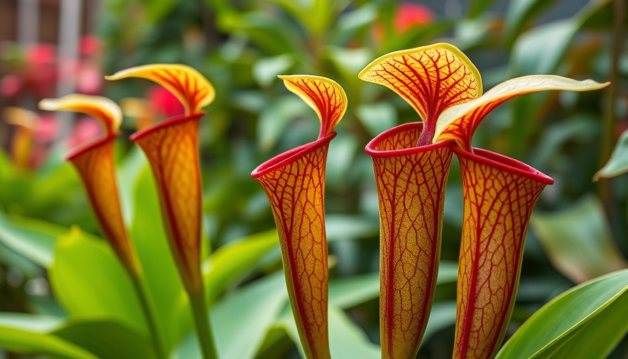 Close-up of vibrant pitcher plants with red veins in garden.