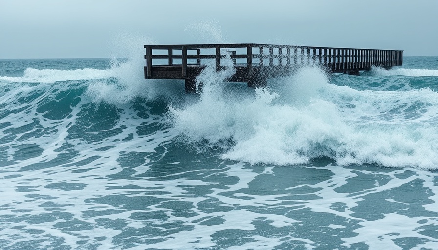 Hurricane Erin Category 5 surf safety: waves crashing against pier.
