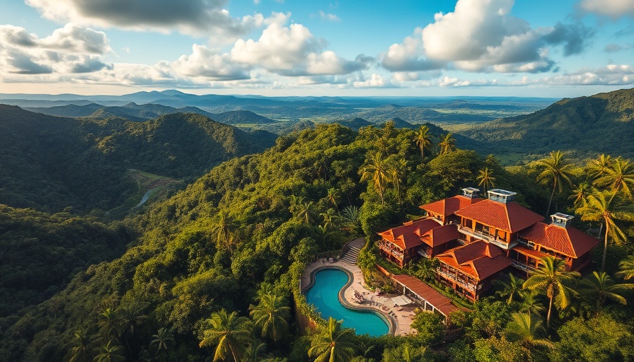 Aerial view of a luxury jungle resort with lush scenery.