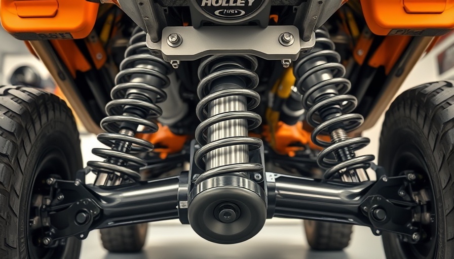 Close-up of Holley Off-Road Package for Ford Bronco suspension in a garage.