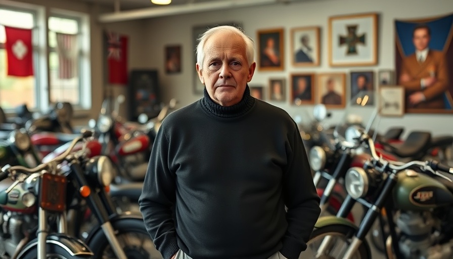 Vintage motorcycles displayed in a museum with a man showcasing the Billy Joel motorcycle legacy.