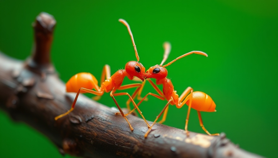 Close-up of two ants interacting on a branch, vibrant macro photography.