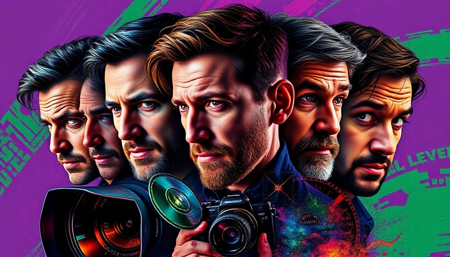 Vibrant collage depicting AI Hollywood transformation with film elements.