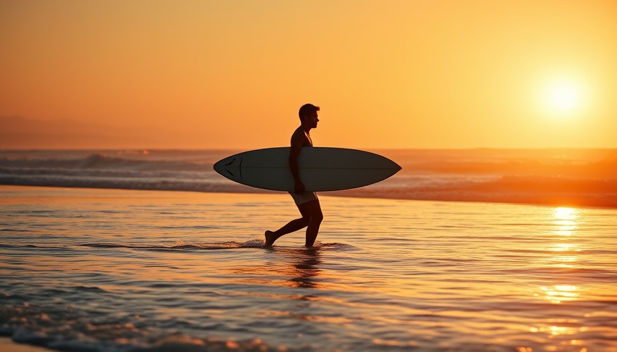 Silhouetted surfer at sunset on the beach, Save the Waves Film Festival.