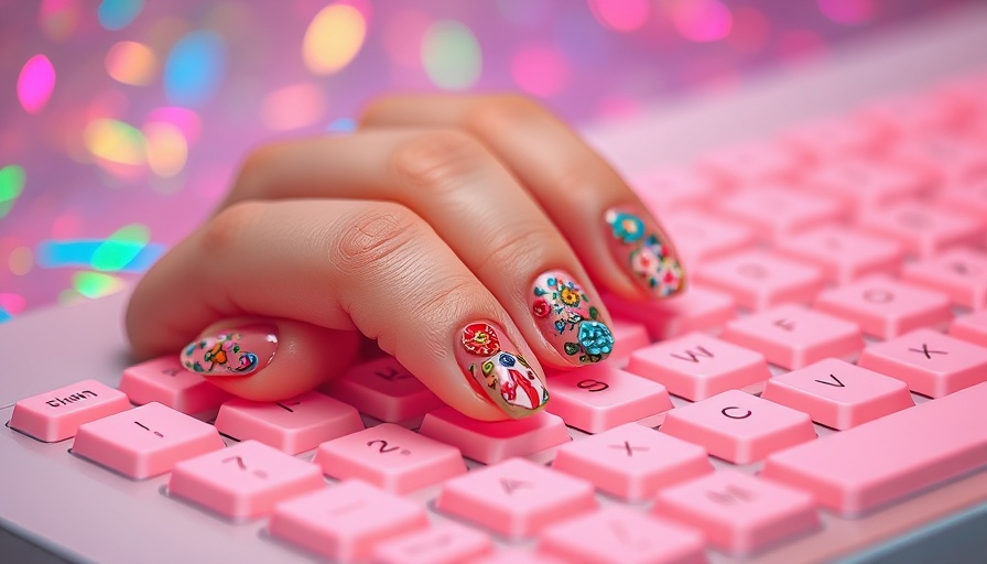 Vibe Coding: Intricate nail art on pink keyboard.