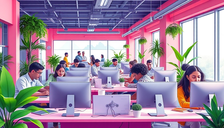 Diverse team in a colorful office working on computers, AI Governance scenario.