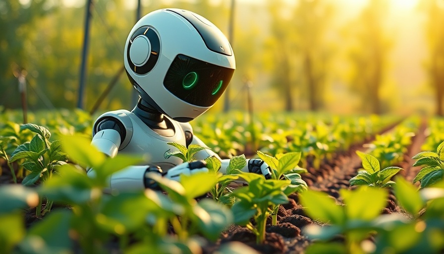 Agricultural robot in a futuristic farm setting.