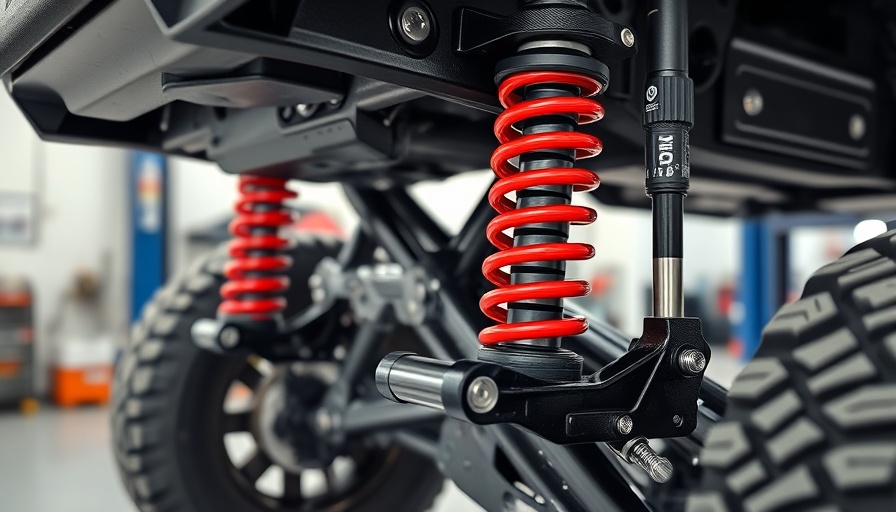 Upgraded control arms with red springs on a lifted Toyota Tacoma.
