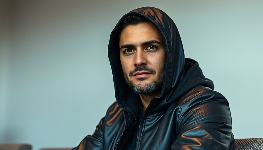 Confident man in black jacket indoors, YZY Coin launch