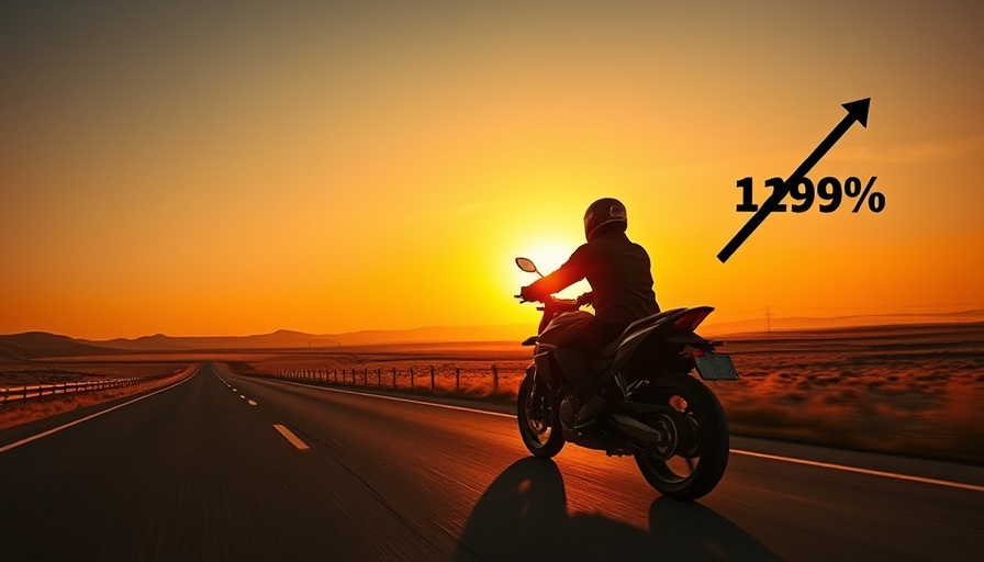 Silhouetted motorcyclist at sunset, rising statistics arrows, Colorado Motorcycle Fatalities.