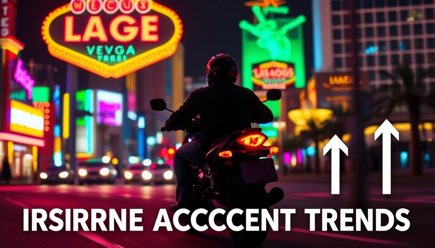 Motorcyclist silhouette in Las Vegas at night with rising accident trends.