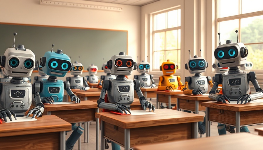 Vintage robots in a classroom for a test, vibrant 3D Pixar style.