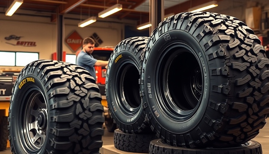 Mickey Thompson truck tires displayed in showroom with representative.