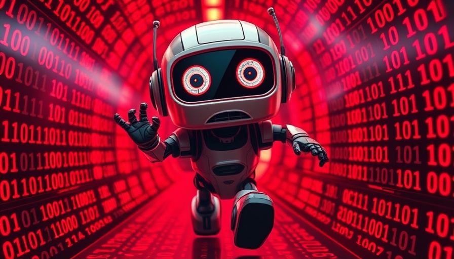 Cartoon robot running through binary code tunnel, AI writing chaos.
