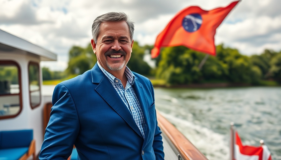 Man smiling on boat with flag for Crypto Micronation Governance