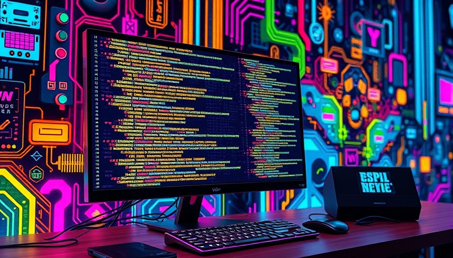 Colorful digital art computer setup with code, illustrating MCP protocol for developers.