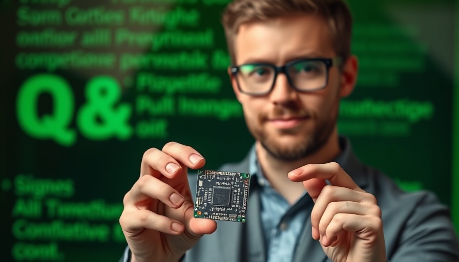 Confident man presenting microchip at US tech conference.