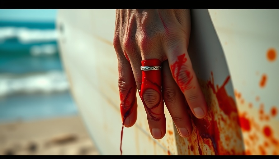 Shark Attack Survivor Surfs Hurricane Erin with a bloody hand injury against a surfboard, beach background.