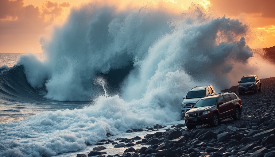Massive rogue wave crashes over vehicles near rocky shoreline at sunset.