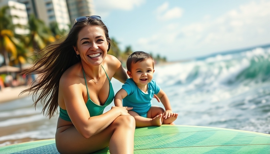 Woman joyfully surfing with baby in tropical background.