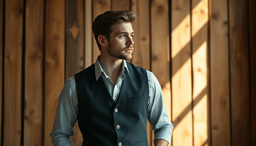 Stylish man wearing dark vest, suitable for Labor Day sales.